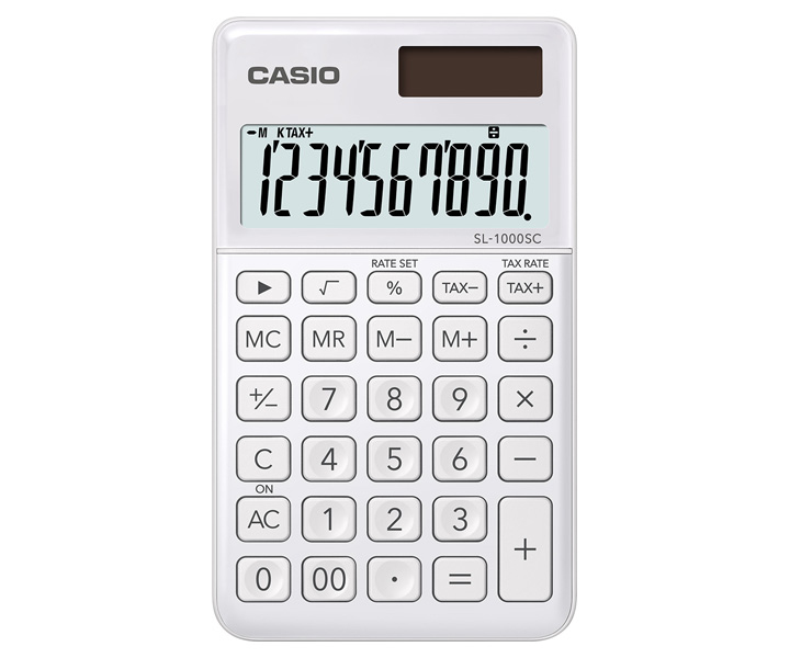 Taskukalkulaator Casio SL-1000SC-WE White/valge - 10 kohaline, tava- ja päikesepatarei, 55gr, 9x71x120mm, Casio loogika