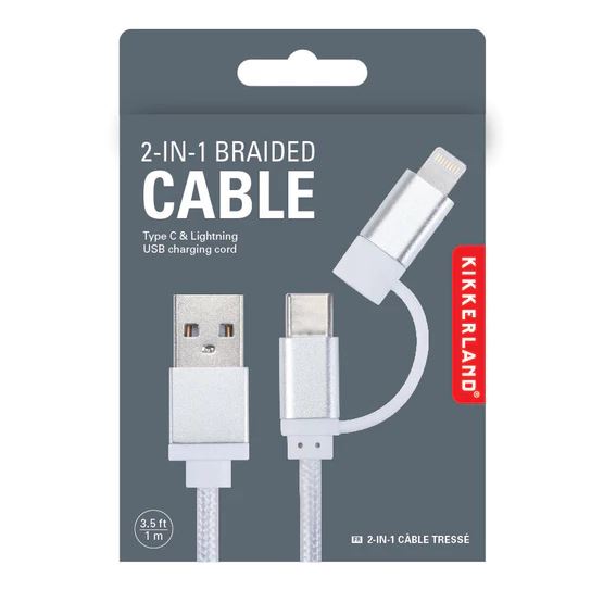 Laadimisjuhe 2-in-1 (Type C & Lightning) Braided Cable , Silver, 1m