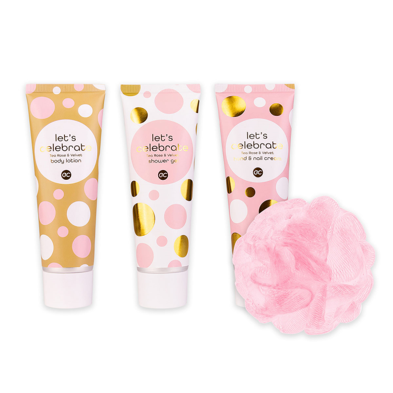 Kinkekomplekt Let's Celebrate, dušigeel 60ml + ihupiim 60 ml + kätekreem 60ml + pesukäsn