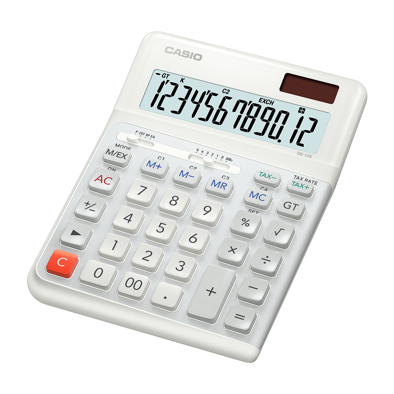 Lauakalkulaator Casio DE-12E-WE White(valge) Ergonoomiline, paremakäelisele, 12-kohaline, tava- ja päikesepatarei, 184x109x11mm, Casio loogika, LR1130
