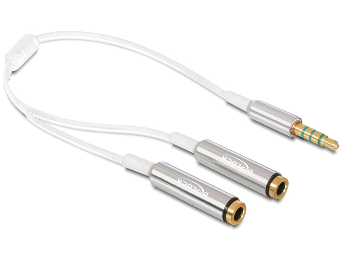 Adapter Audio üleminek (kõrvaklappide jagaja) Delock 3.5mm 4-pin stereo pistik (M) -> 2x 3.5mm 4-pin stereo pesa (F) kaabel 0.25m valge