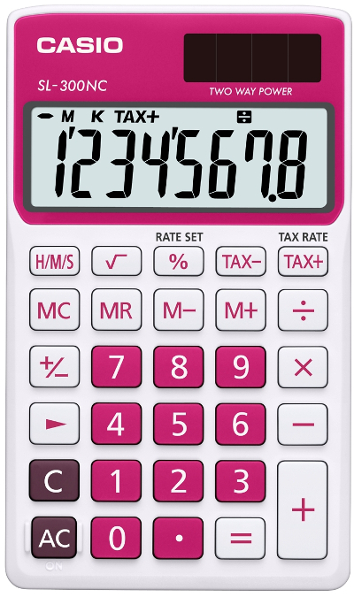 TASKUKALKULAATOR CASIO SL-300NC RED: 8 KOHALINE, TAVA- JA PÄIKESEPATAREI, + ÜMBRIS