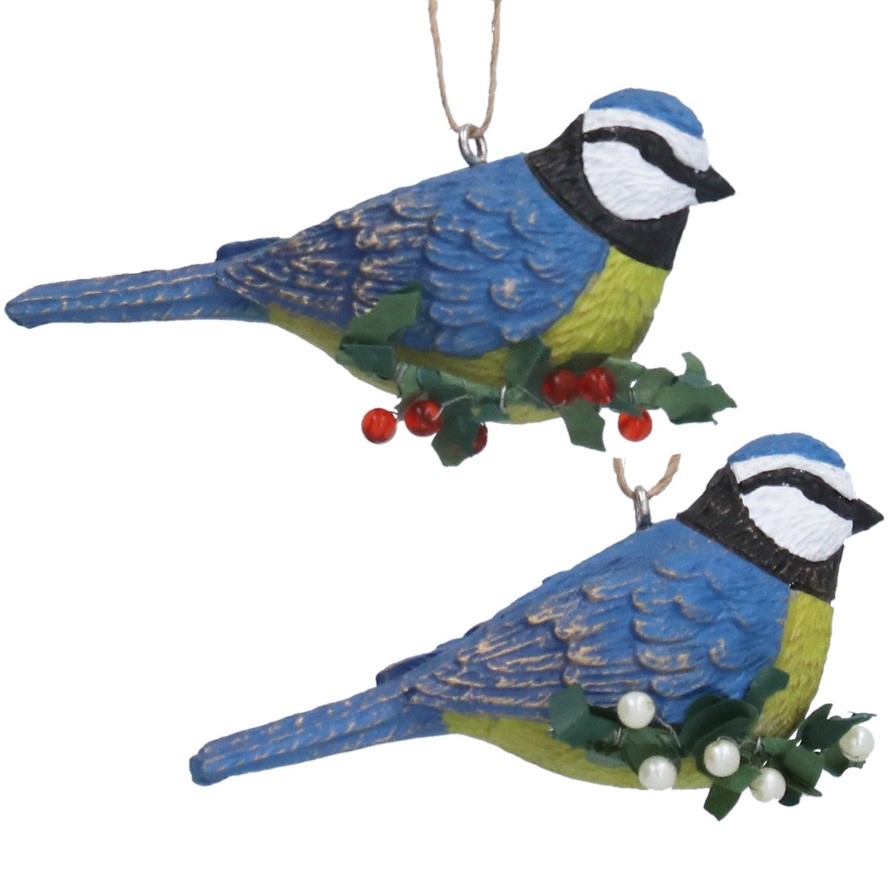 Rippuv kaunistus Resin Bluetit w Red/White Holly &