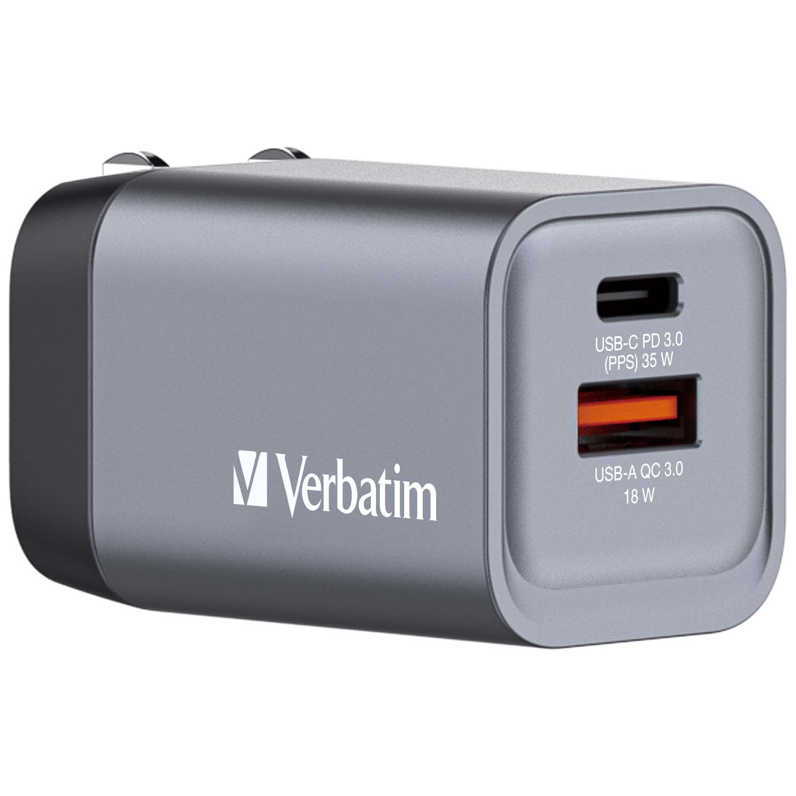 USB-laadija seinapesasse Verbatim GaN 35W, USB-C Power Delivery (PD3.0), USB-A Qualcomm QuickCharge QC3.0 18W, EU/UK/US seinapistik