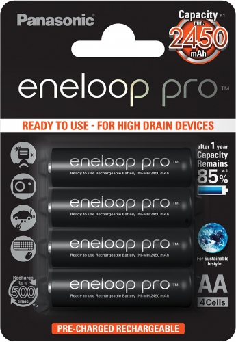 Akupatareid Panasonic Eneloop Pro AA HR6 2500mAh NiMH 4BP, 1,2V 4 akupatareid suure voolutarbega seadmetele