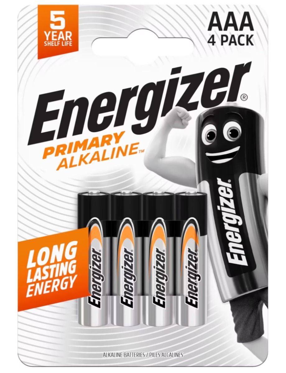 Patareid Energizer Primary Alkaline AAA CP4 EU 4patareid, madala voolutarbega seadmetele, keskmise mahutavusega leeliselement