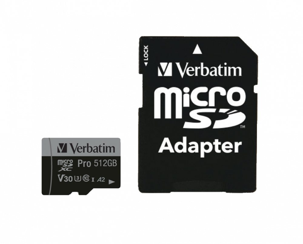 Mälukaart Secure Digital Verbatim MicroSDXC 512GB Pro, A2 app class, UHS-I U3, r100MB/sec w90MB/sec + SD-adapter