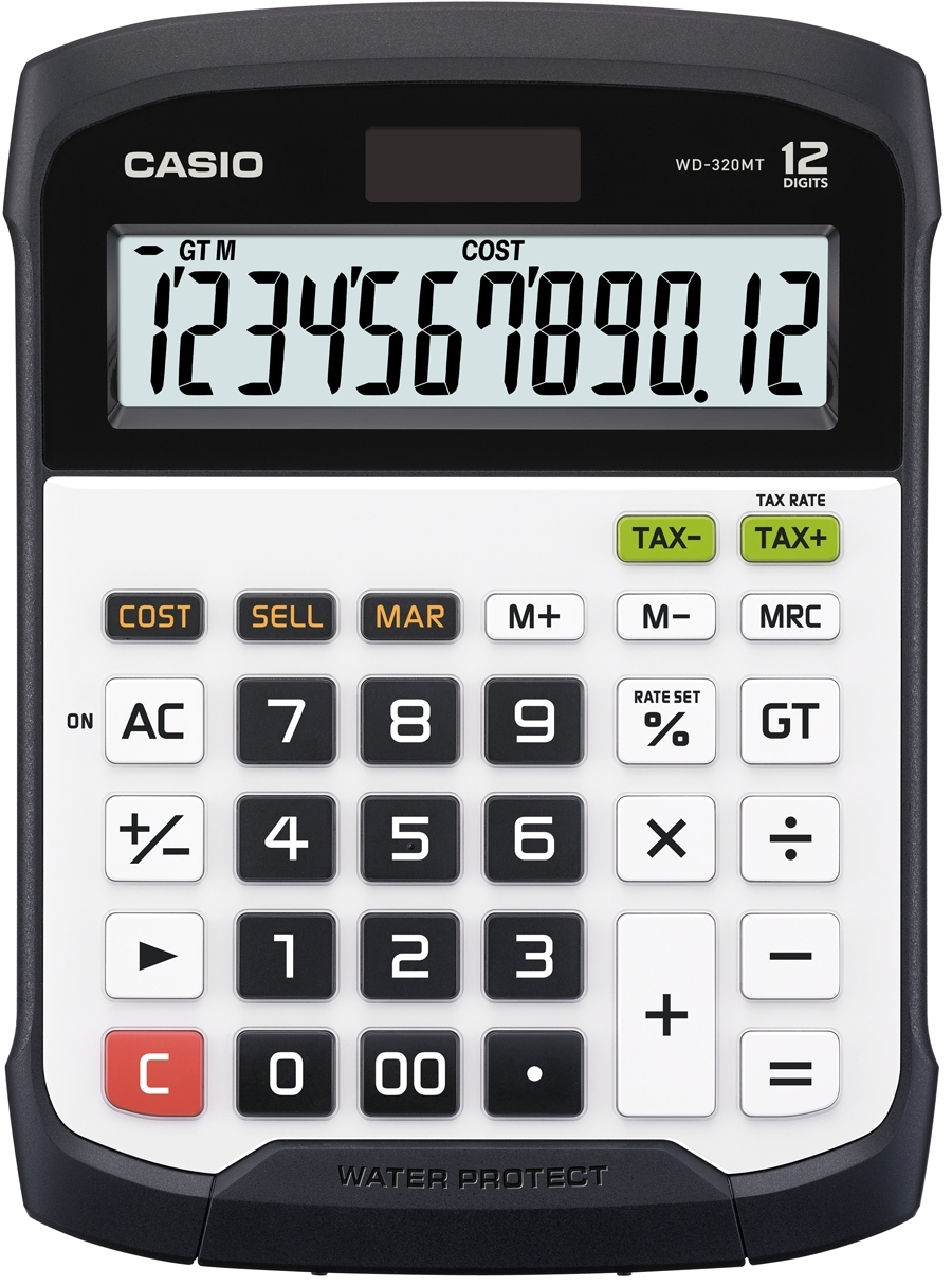 Lauakalkulaator Casio WD-320MT, suur, valge, niiskuse- ja tolmukindel IP54, 12 kohaline, tax, Casio loogika