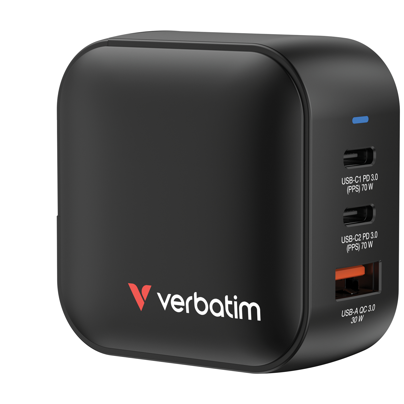 USB-laadija seinapesasse Verbatim GaN 70W, 2xUSB-C Power Delivery (PD3.0), USB-A Qualcomm QuickCharge QC3.0 30W, EUR/UK/USA seinapistik