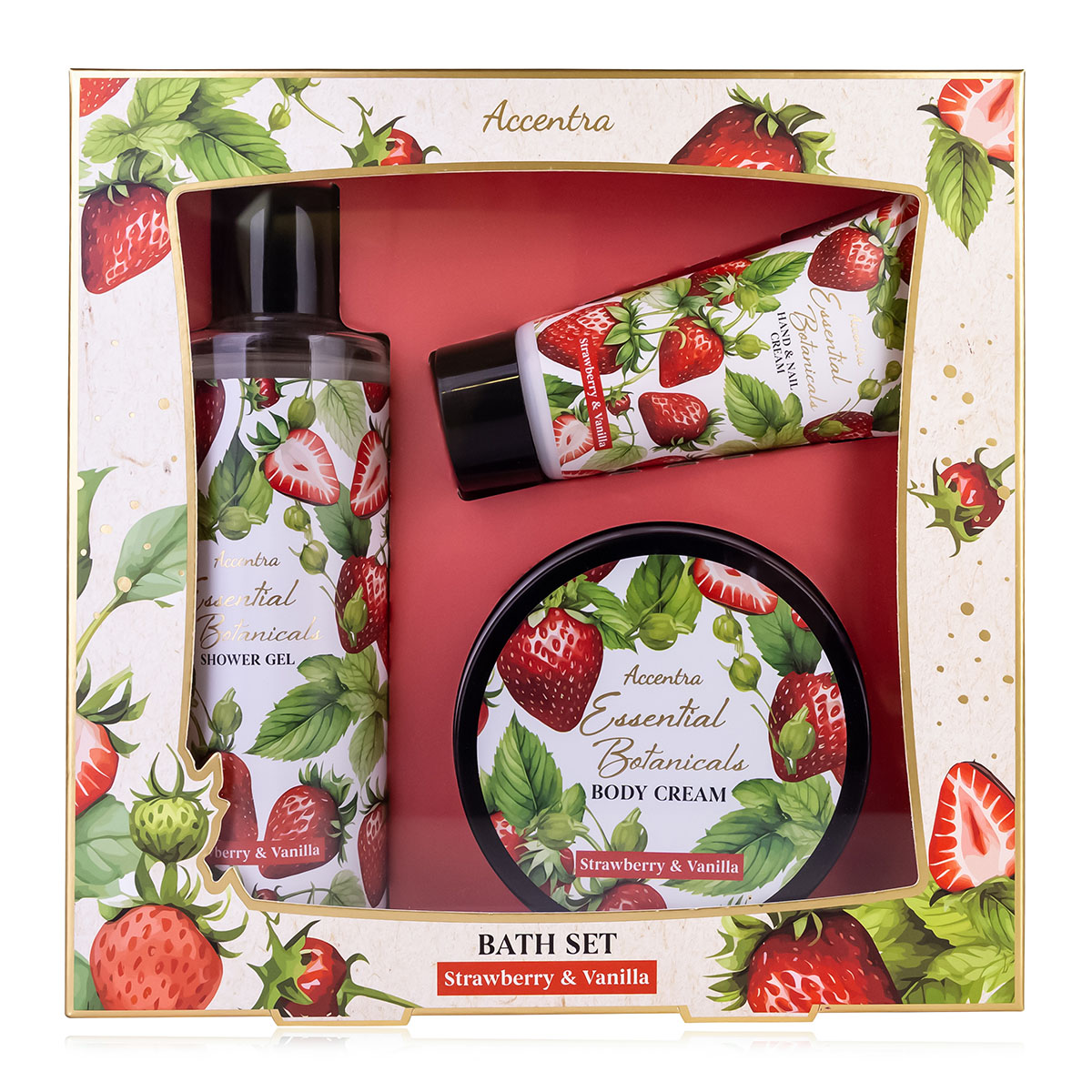 Kinkekomplekt Essential Botanicals, Strawberry & Vanilla,3-osaline