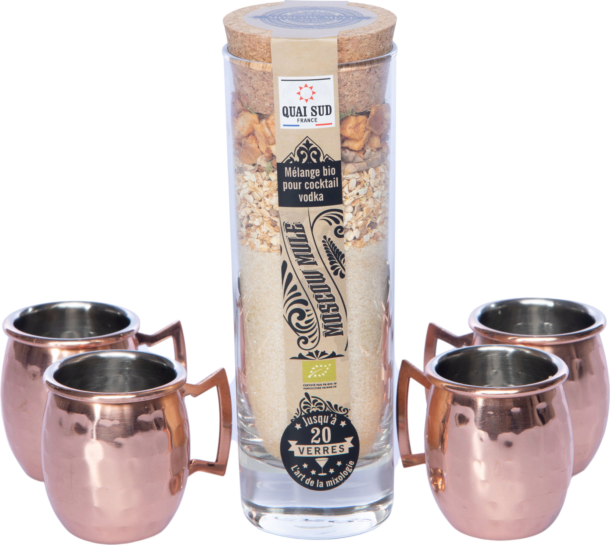 QUAI SUD MOSCOW MULE KINKEKOMPLEKT, KOKTEILISEGU (65G) + 4 VASKKATTEGA MINIKRUUSI