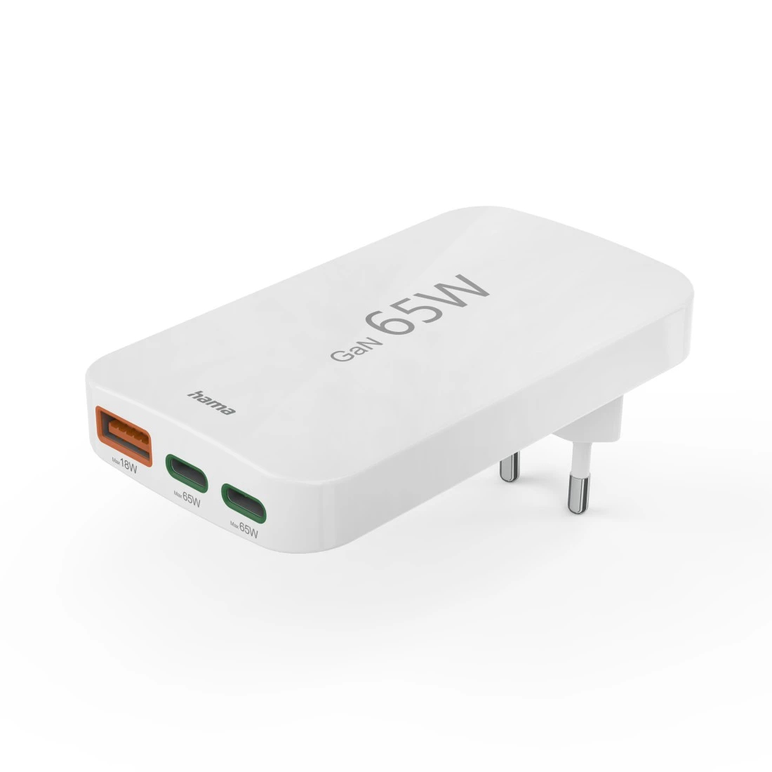 USB-laadija seinapesasse Hama Flat Mini GaN 65W, 2xUSB-C Power Delivery (PD) + USB-A Qualcomm QuickCharge QC3.0, white/valge, kokkuklapitav