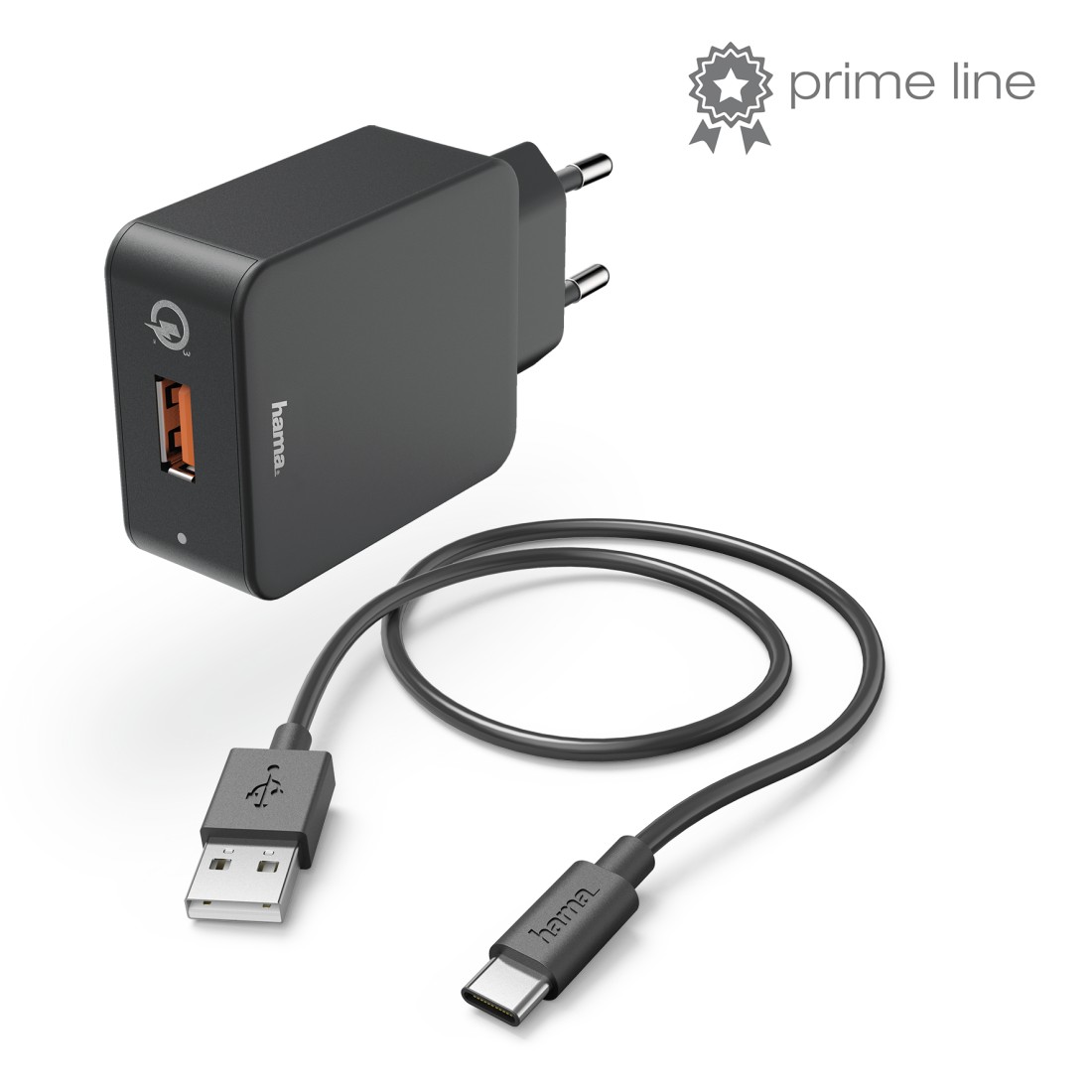 USB-laadija seinapesasse Hama Charger Kit, USB3.0, Type-C kaabel 1.5m, Qualcomm QC3.0 3A 19.5W, black/must, Turbo Fast Charge
