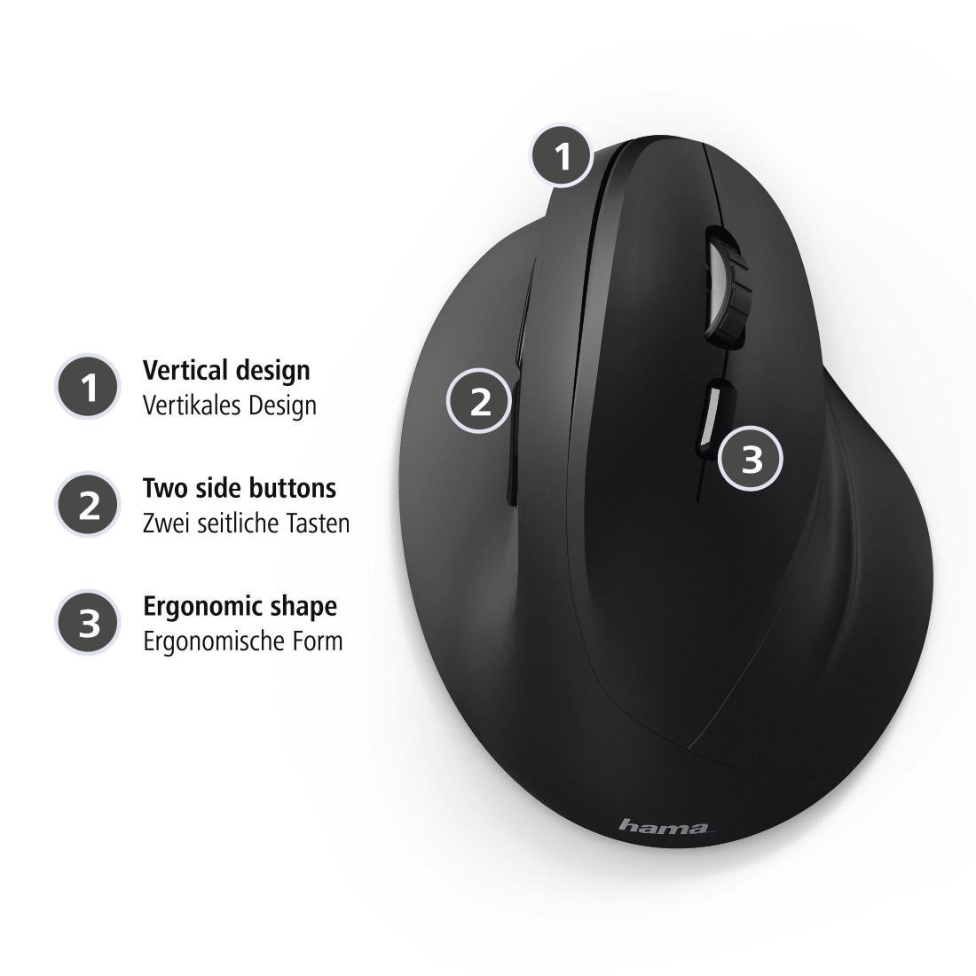 Hiir Hama EMC-500 Vertical Ergonomic Mouse, USB-kaabel, 6 Buttons, black/must ergonoomiline vertikaa