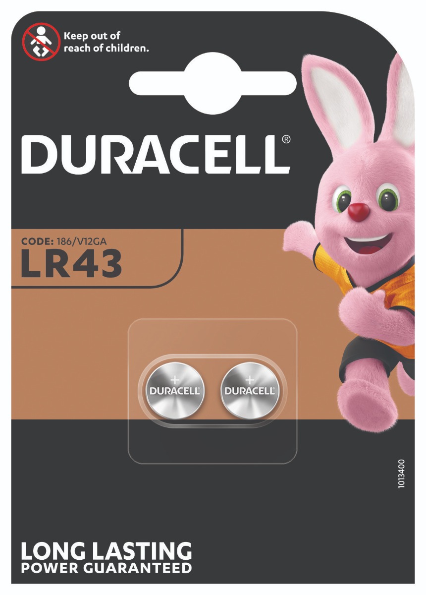 Patareid Duracell LR43 patarei 2-pakk (diam 11,6mm x 4,2mm, 1,5V 73mAh