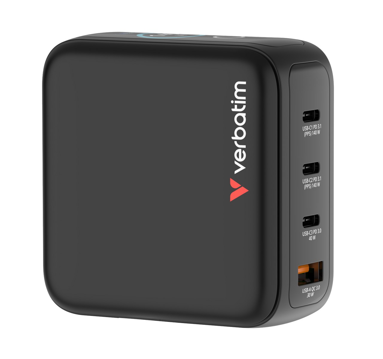 USB-laadija seinapesasse Verbatim Mini GaN displeiga - 140W, 3xUSB-C Power Delivery (PD3.0), USB-A Qualcomm QuickCharge QC3.0 30W, EUR/UK/USA seinapistik
