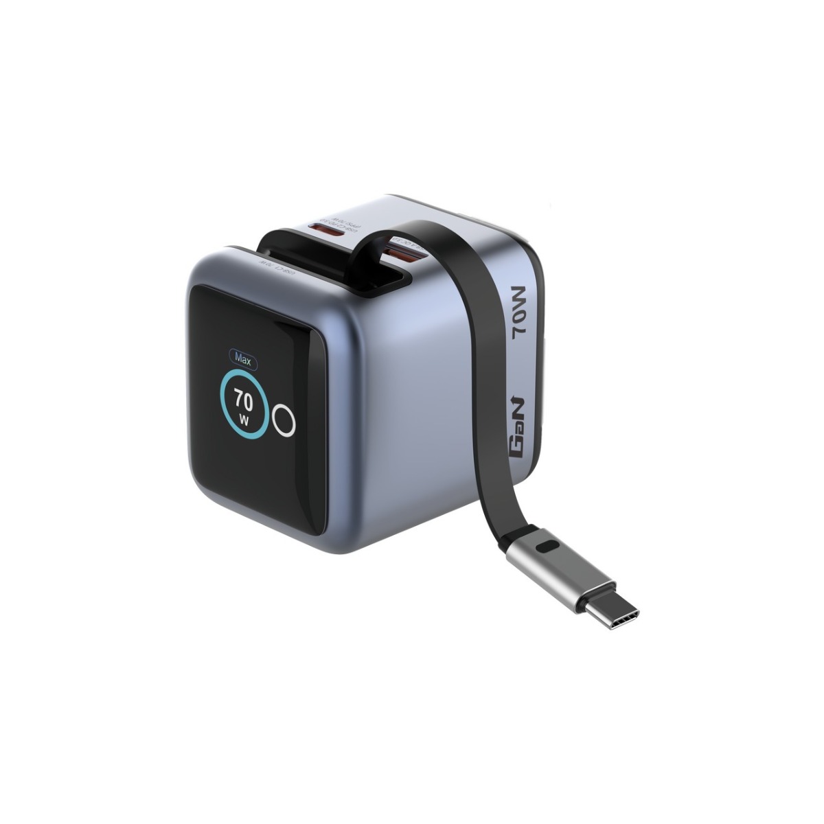 USB-laadija seinapesasse Verbatim Mini GaN displeiga - 70W koos kokkukeritava USB-C kaabliga, USB-C Power Delivery (PD3.0 PPS), USB-A QC3.0 60W, EUR/UK/USA seinapistik