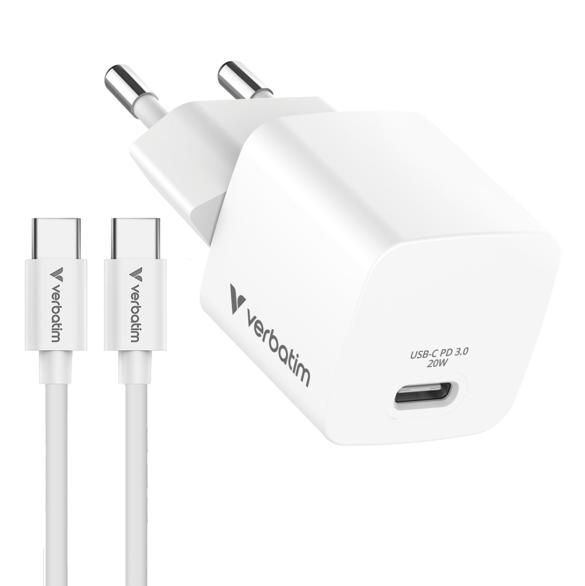 USB-laadija seinapesasse Verbatim GaN 20W koos 1.0m USB-C 60W laadimiskaabliga komplekt, PD3.0 (PPS/QC3.0)
