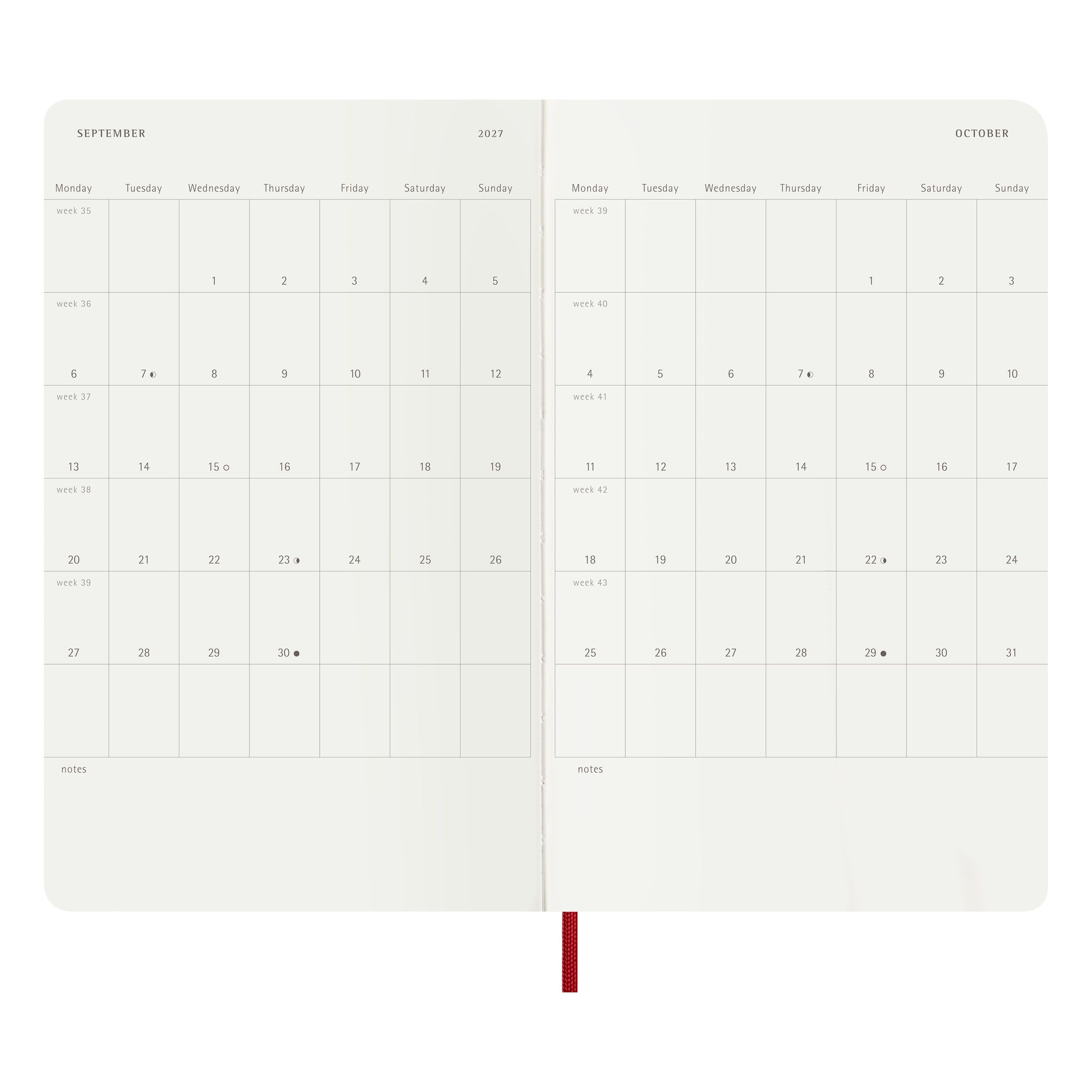 2027 Moleskine kalendermärkmik 12M Weekly Notebook Large, Red, Soft Cover