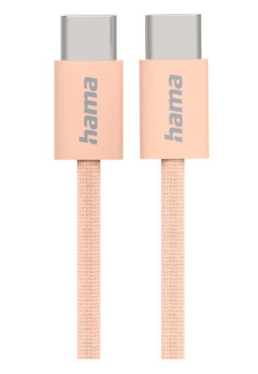 USB-kaabel Hama 1.0m USB-C - USB-C pistik, roosa tekstiilkate, max 480Mbit/s 3A 60W laadimiskaabel