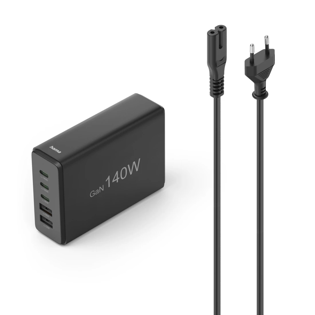 USB-laadija seinapesasse Hama 140Watt Charging Station, GaN 5-port (3x PD USB-C, 2x USB-A), GaN, 3A QC3.0, must