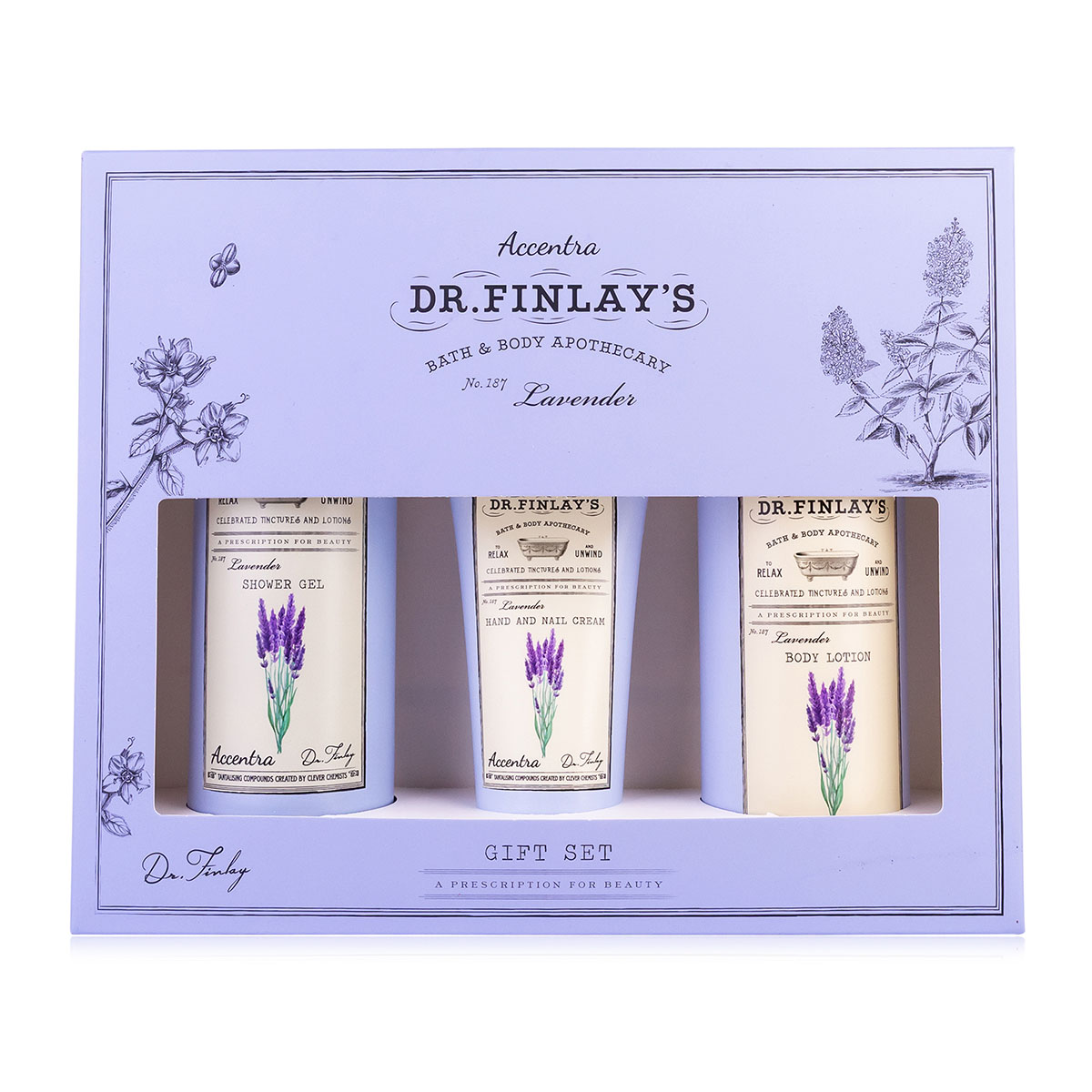 Kinkekomplekt Dr. Finlay's, Lavender, Dušigeel 250ml + kehakreem 190ml + kätekreem 60ml