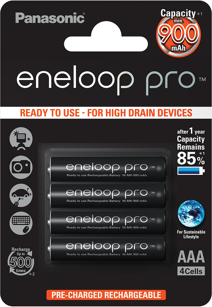 Akupatareid Panasonic Eneloop Pro AAA HR03 930mAh NiMH 4BP, 1,2V 4 akupatareid suure voolutarbega seadmetele