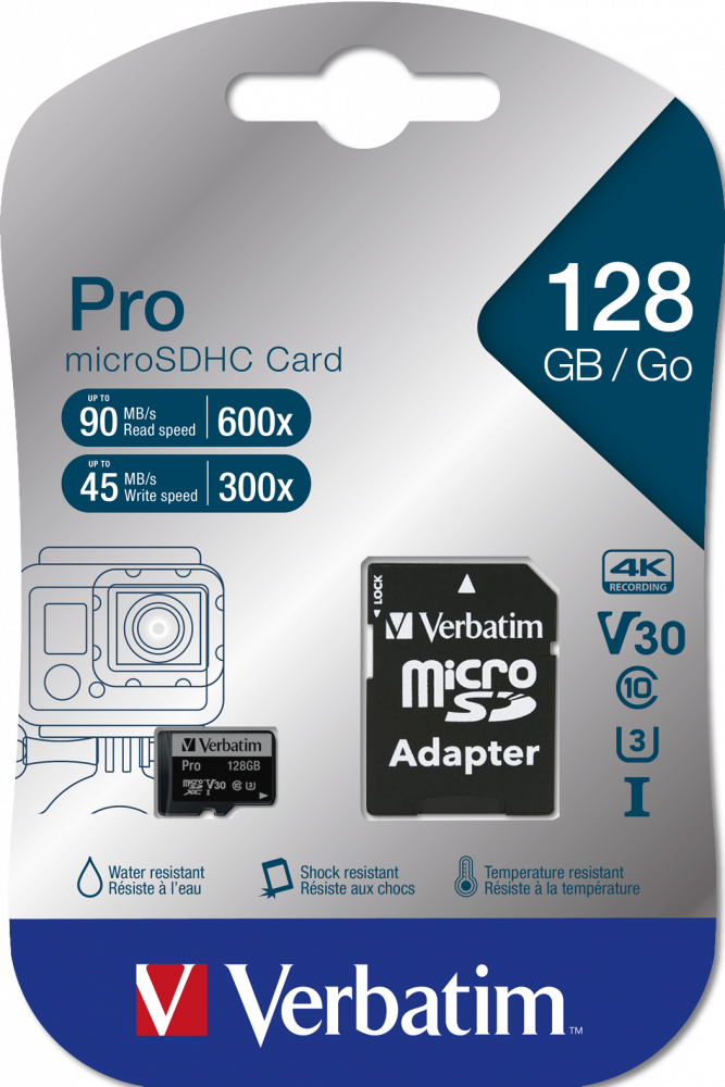 Mälukaart Secure Digital Verbatim MicroSDXC 128GB Pro Class10 UHS-I U3 r90MB/sec w45MB/sec + SD-adapter