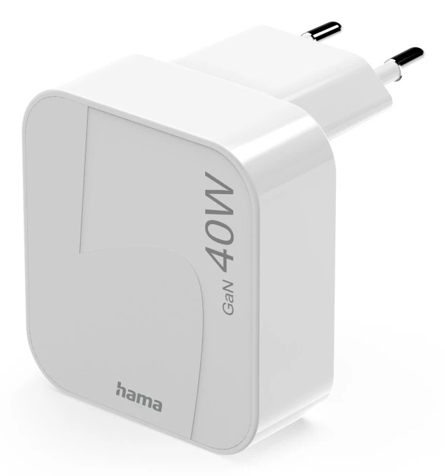 USB-laadija seinapesasse Hama Folding Mini - GaN 40W, 2xUSB-C Power Delivery (PD), white/valge, kokkuklapitav