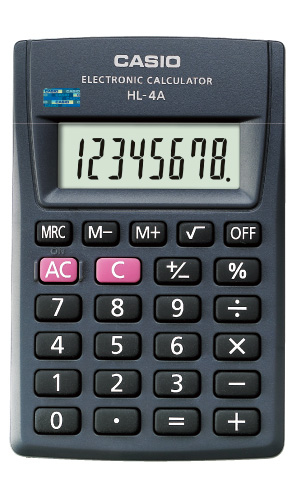 Taskukalkulaator Casio HL-4A - 8 numbriline ekraan, protsentarvutus, 87x56x9mm, patarei LR54, Standardloogika