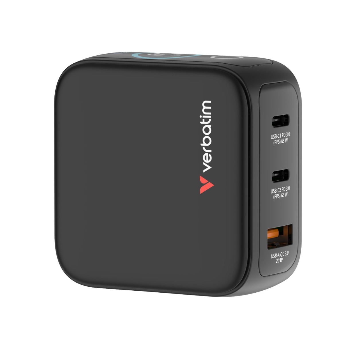 USB-laadija seinapesasse Verbatim Mini GaN displeiga - 65W, 2xUSB-C Power Delivery (PD3.0), USB-A Qualcomm QuickCharge QC3.0 20W, EUR/UK/USA seinapistik