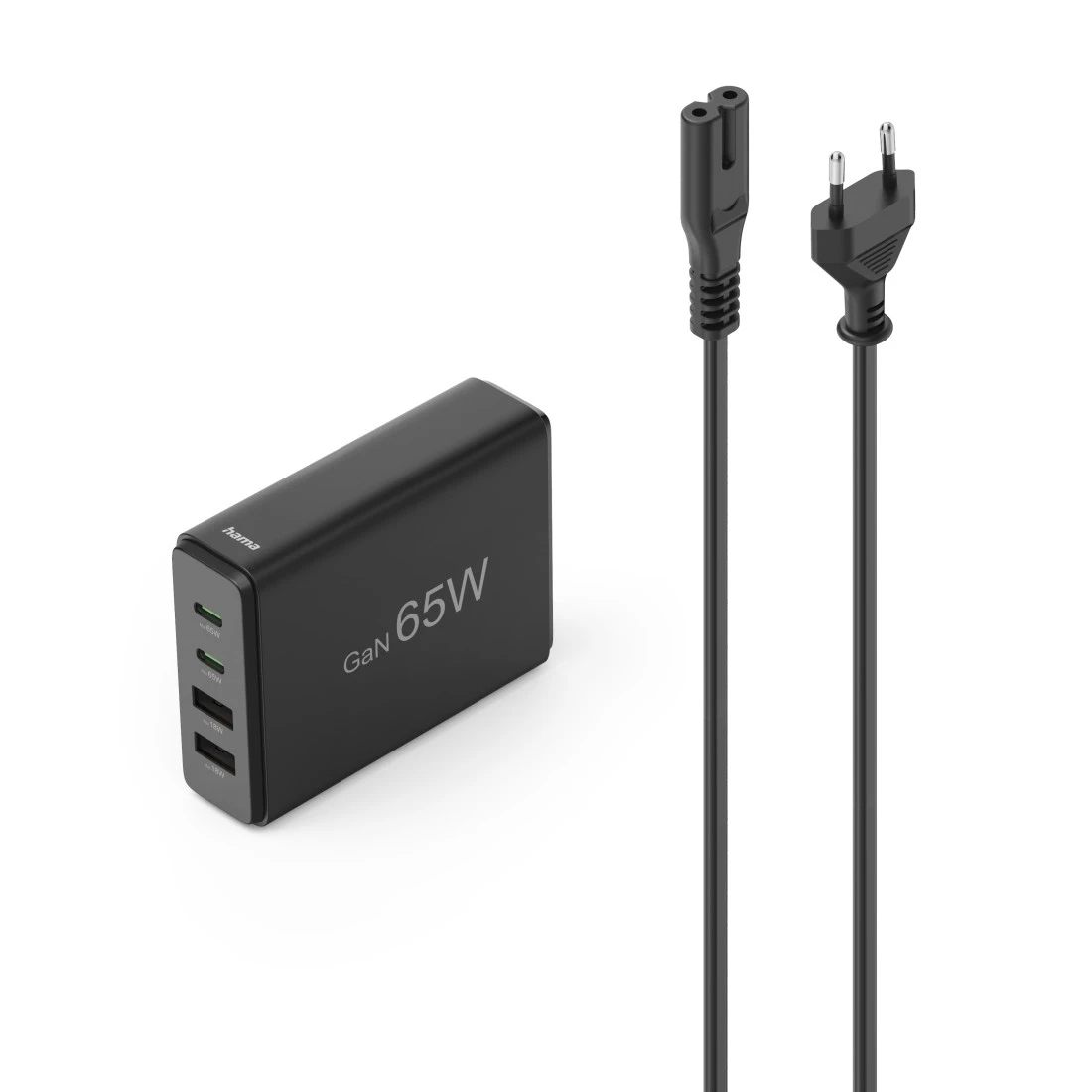 USB-laadija seinapesasse Hama 65Watt Charging Station, 4-port (2x PD USB-C, 2x USB-A), GaN, 3A QC3.0, must