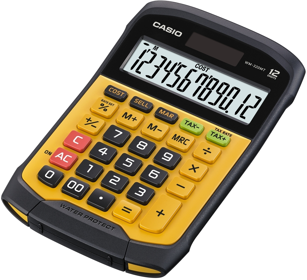 Lauakalkulaator Casio WM-320MT, väike, kollane, niiskuse- ja tolmukindel IP54, 12 kohaline, tax, Casio loogika