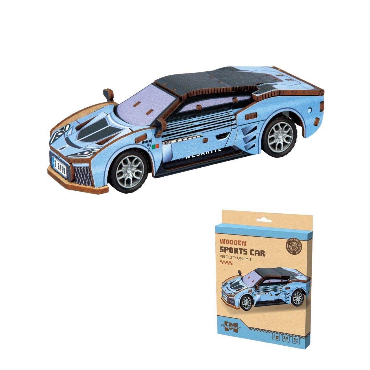 Puidust 3D pusle sinine auto