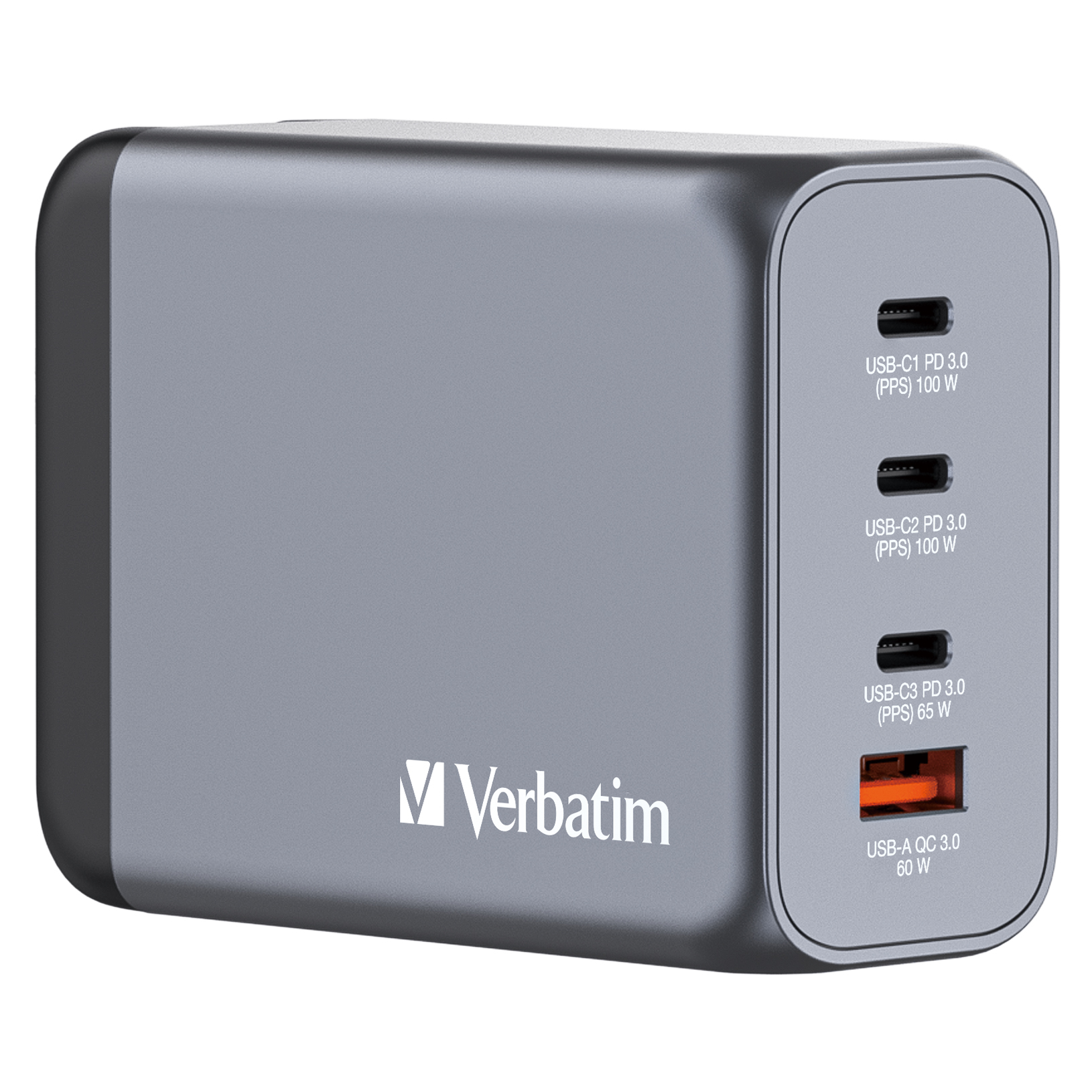 USB-laadija seinapesasse Verbatim GaN 200W, 2xUSB-C 100W, 1xUSB-C 65W (PD3.0), USB-A Qualcomm QuickCharge QC3.0 60W, EU/UK/US seinapistik