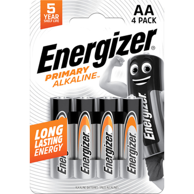 Patareid Energizer Primary Alkaline AA LR6 CP4 4patareid, madala voolutarbega seadmetele, keskmise mahutavusega leeliselement