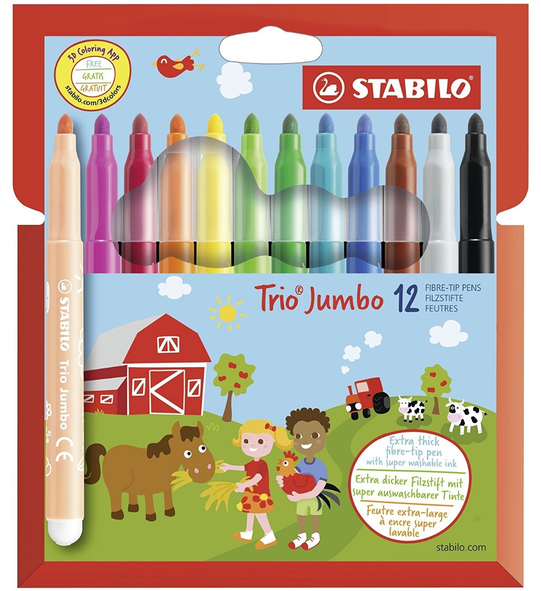 VILTPLIIATSID STABILO TRIO JUMBO, 12 VÄRVI, KOLMEKANDILINE