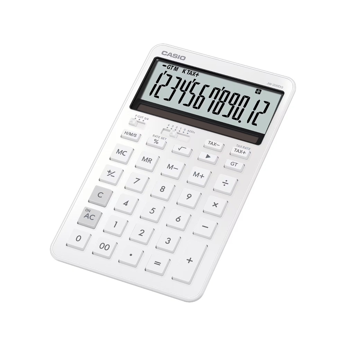 Lauakalkulaator Casio JW-200DQ-WE valge metall, 12-kohaline ekraan, tava- ja päikesepatarei, Casio loogika