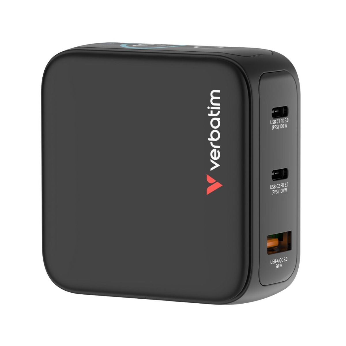 USB-laadija seinapesasse Verbatim Mini GaN displeiga - 100W, 2xUSB-C Power Delivery (PD3.0), USB-A Qualcomm QuickCharge QC3.0 30W, EUR/UK/USA seinapistik