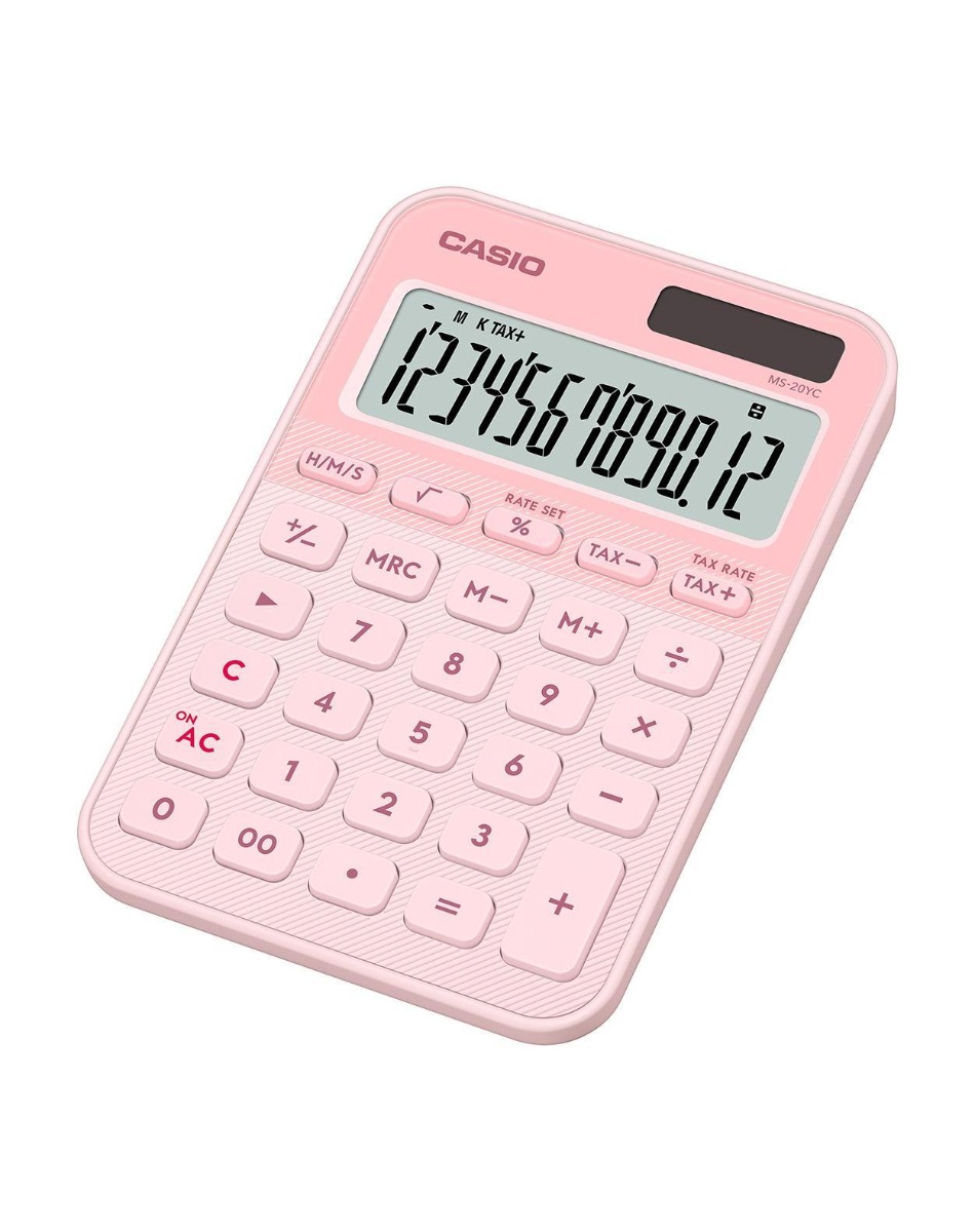 Lauakalkulaator Casio MS-20YC-LP heleroosa - 12 kohaline, tava- ja päikesepatarei, 118gr, 18x101x155mm, Casio loogika