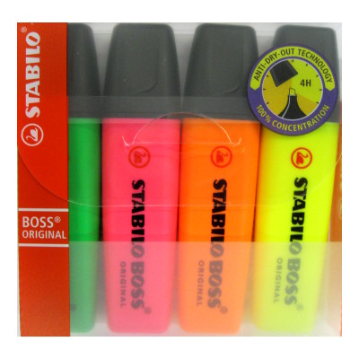 HELESTUSMARKER 2-5MM, 4 VÄRVI STABILO BOSS 70