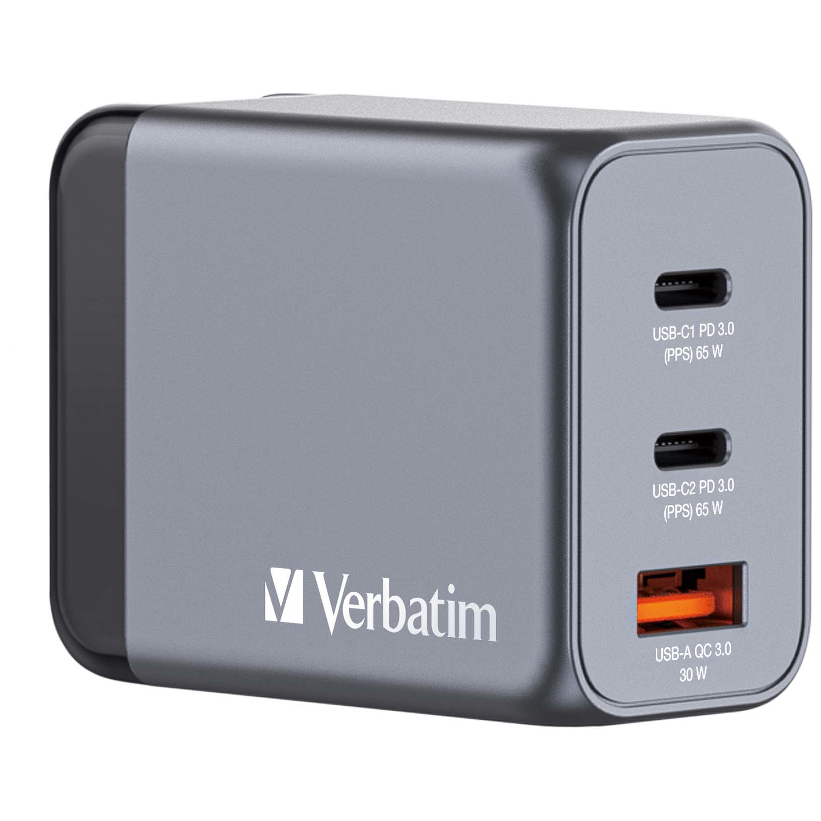 USB-laadija seinapesasse Verbatim GaN 65W, 2xUSB-C Power Delivery (PD3.0), USB-A Qualcomm QuickCharge QC3.0 30W, EU/UK/US seinapistik